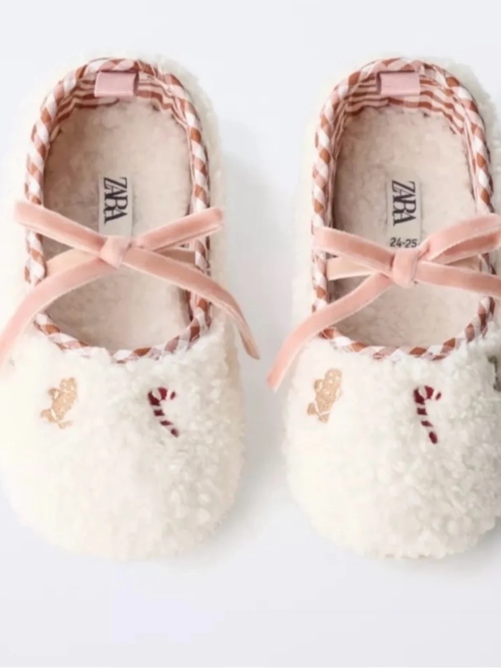 ZARA Cream Sherpa Kids Slippers with Pink Gingham Trim and Embroidered Accents